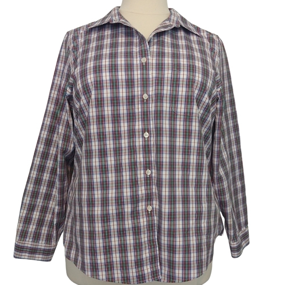 L.L. Bean Wrinkle-Free 100% Cotton Pinpoint Oxford Shirt Relaxed Fit Plaid